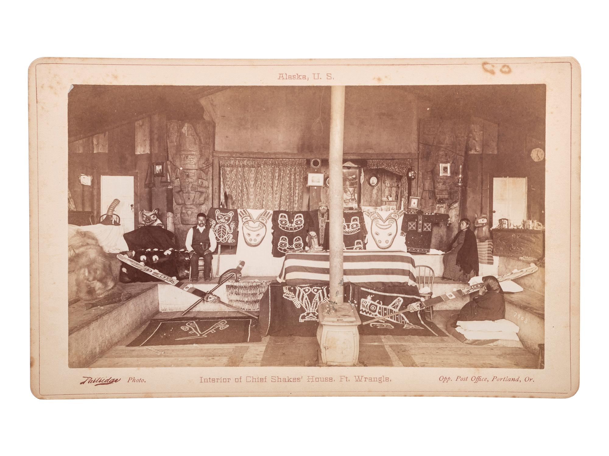 [NATIVE AMERICANS]. A group of 3 boudoir photographs of Chief Shakes Tlingit totem poles and house interior, Fort Wrangell, Alaska.
