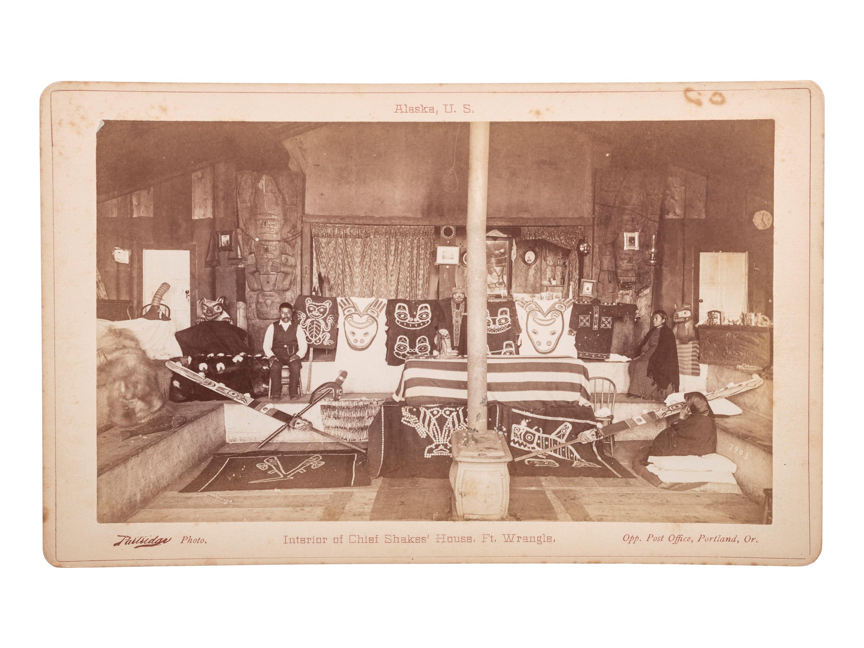 [NATIVE AMERICANS]. A group of 3 boudoir photographs of Chief Shakes Tlingit totem poles and house interior, Fort Wrangell, Alaska.
