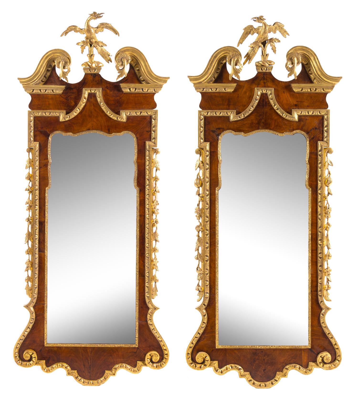 A Pair of Monumental George III Parcel Gilt Mahogany Mirrors Height 72 x width 30 inches. — CIRCA 1760