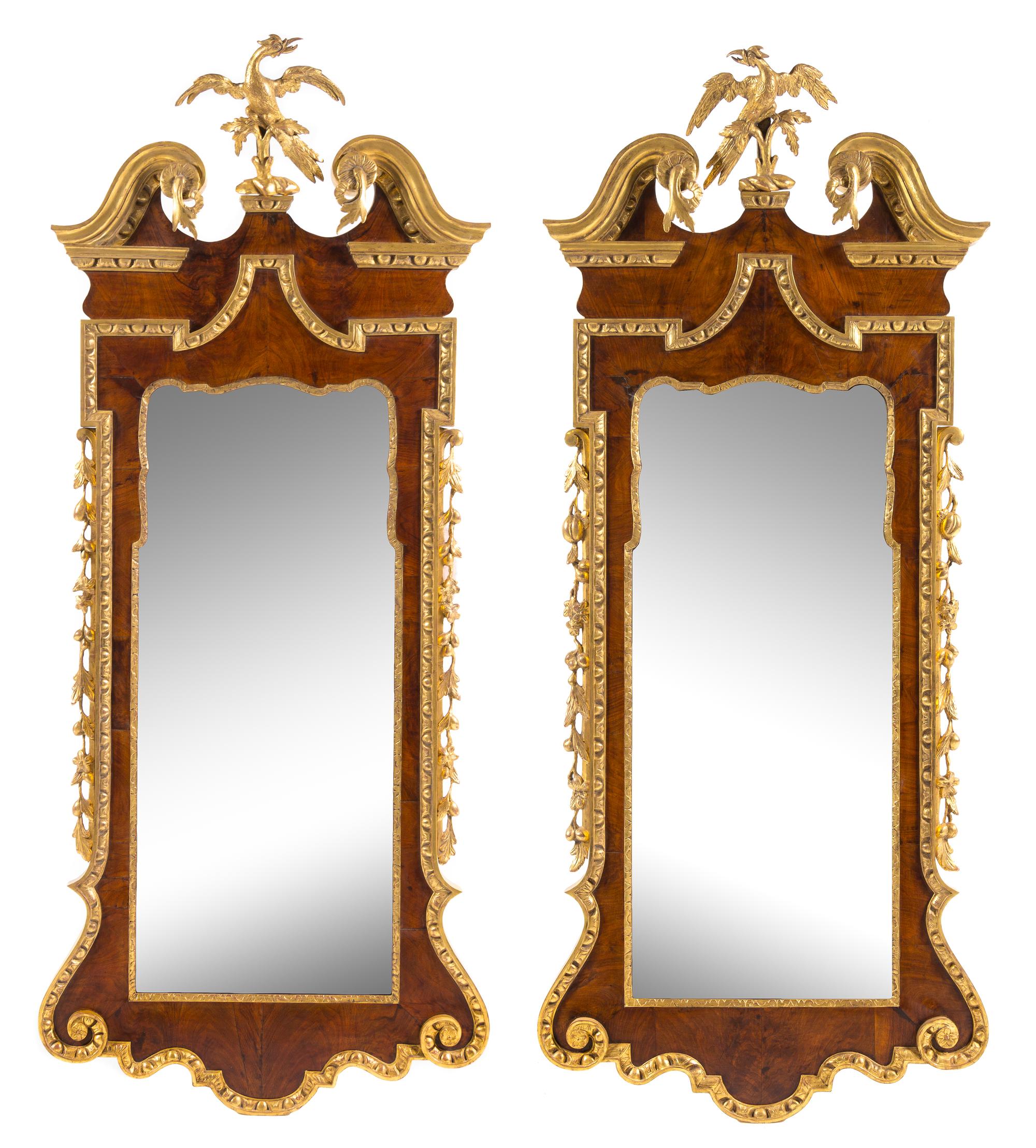 A Pair of Monumental George III Parcel Gilt Mahogany Mirrors Height 72 x width 30 inches. — CIRCA 1760