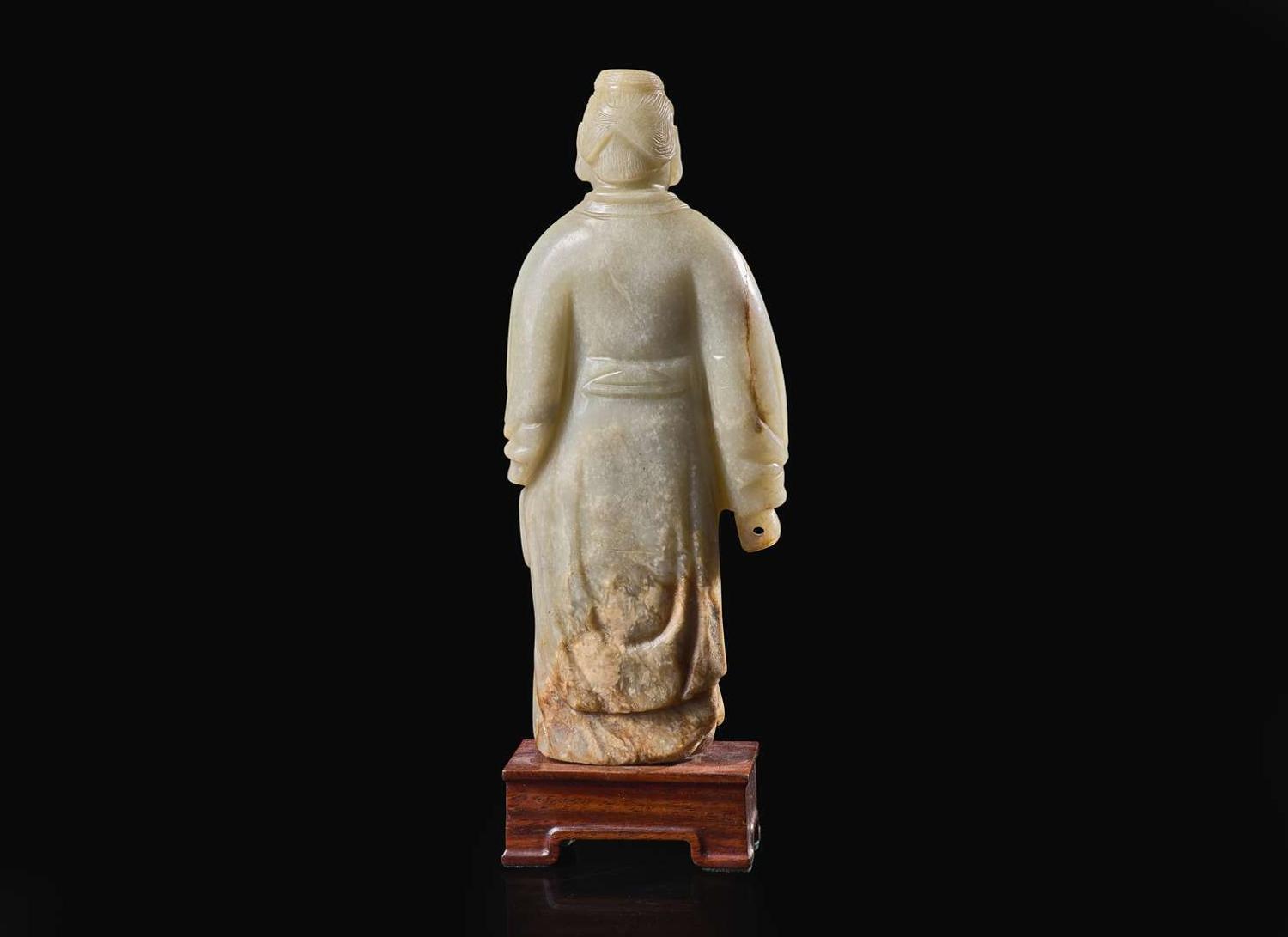 An unusual Chinese carved celadon jade figure of a man in long robes, possibly 18th century or earlier 玉雕人物 可能為十八世紀或更早