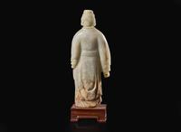 An unusual Chinese carved celadon jade figure of a man in long robes, possibly 18th century or earlier 玉雕人物 可能為十八世紀或更早