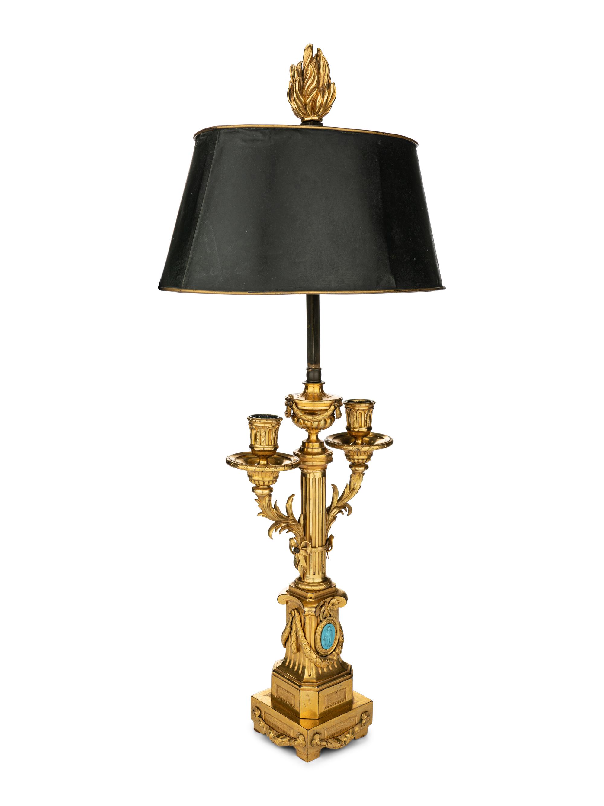 A Pair of Louis XVI Gilt Bronze Two-Light Lamps