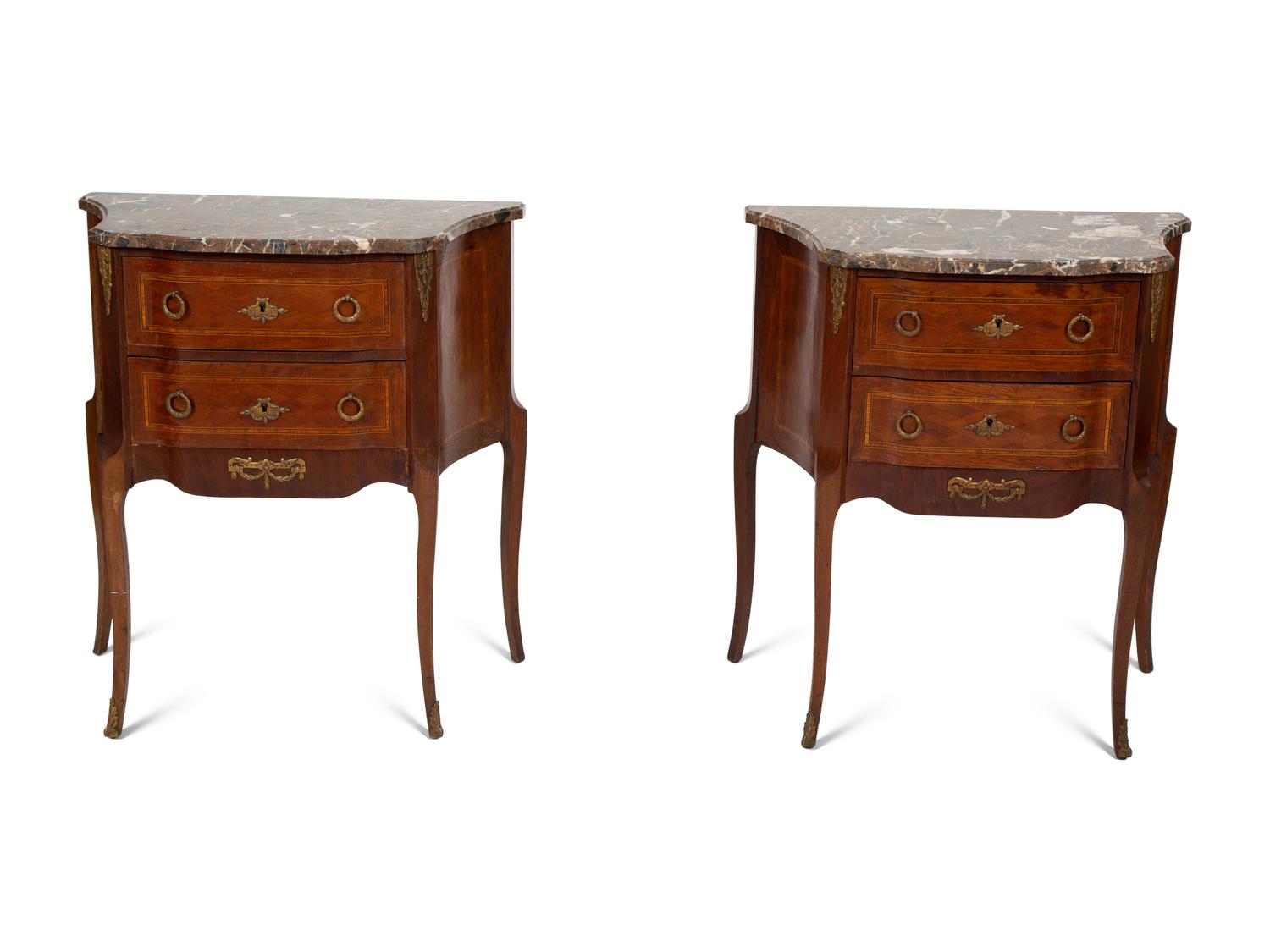 A Pair of Louis XV/XVI Transitional Style Gilt Metal Mounted Marquetry Marble-Top Side Tables