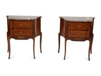 A Pair of Louis XV/XVI Transitional Style Gilt Metal Mounted Marquetry Marble-Top Side Tables