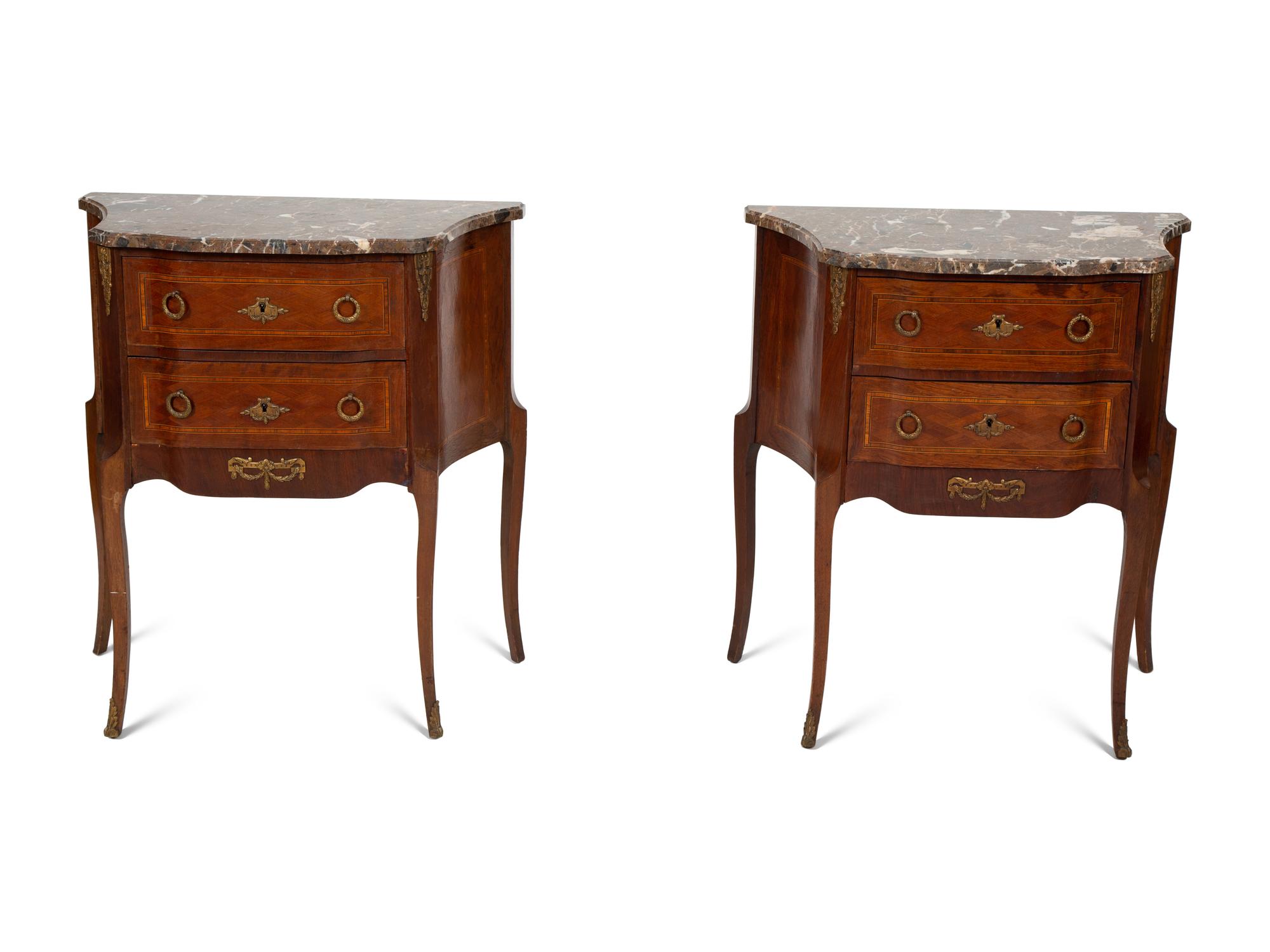 A Pair of Louis XV/XVI Transitional Style Gilt Metal Mounted Marquetry Marble-Top Side Tables