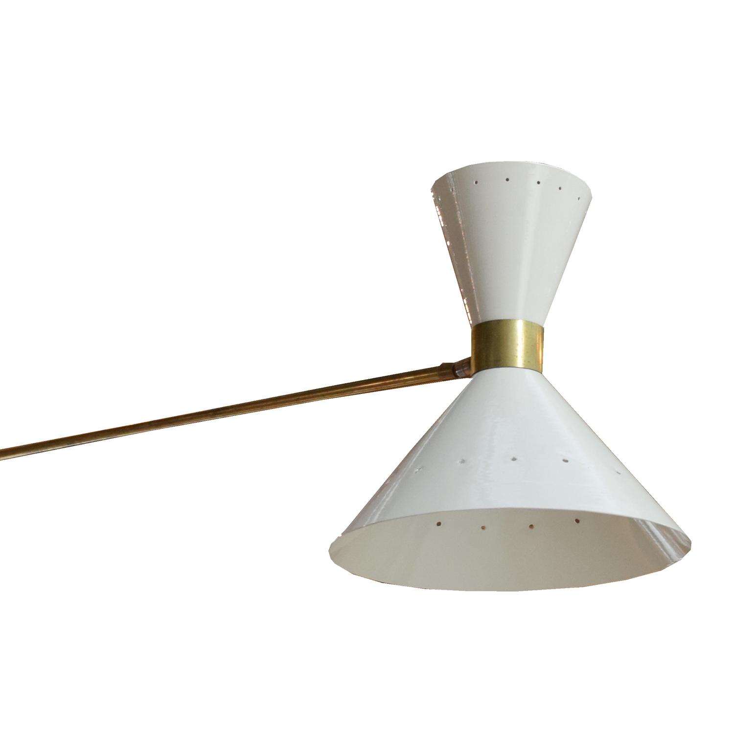 A Brass and Enamel Mid-Century Light Fixture, in the Style of Stilnovo 80" w x 36" H — France, Mid-20th Century