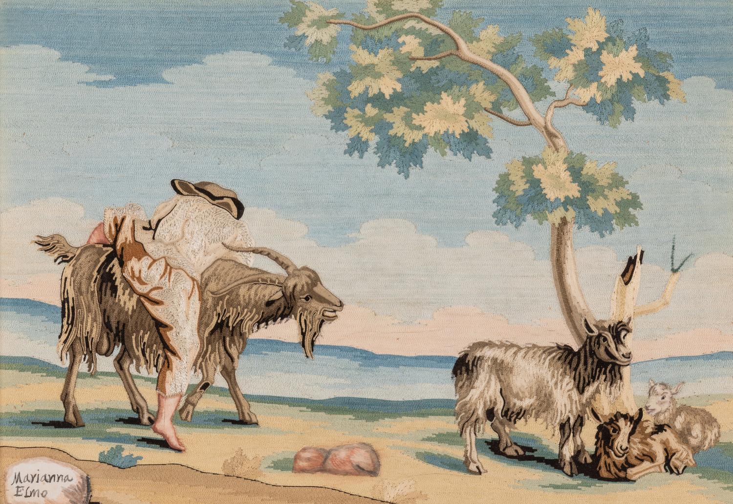 A Pair of Italian Silk and Metallic Thread Embroidered Landscape Panels by Marianna Elmo (b. 1730)