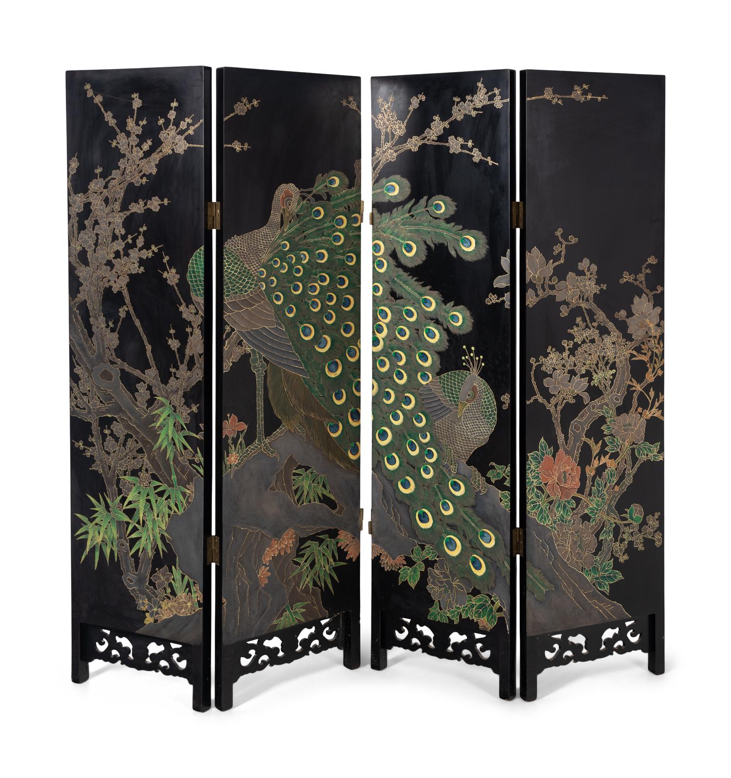 A Chinese Export Four-Panel Black Lacquer and Soapstone Floor Screen