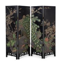 A Chinese Export Four-Panel Black Lacquer and Soapstone Floor Screen