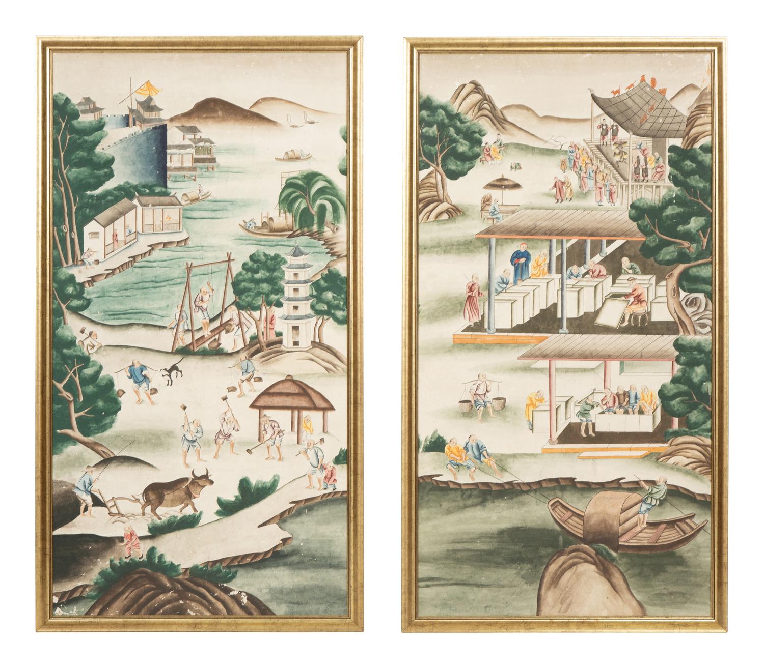A Pair of Framed Chinese Wallpaper Panels