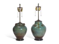 An Associated Pair of Pale Blue-Green Glazed Stoneware Jars, Now Mounted as Lamps