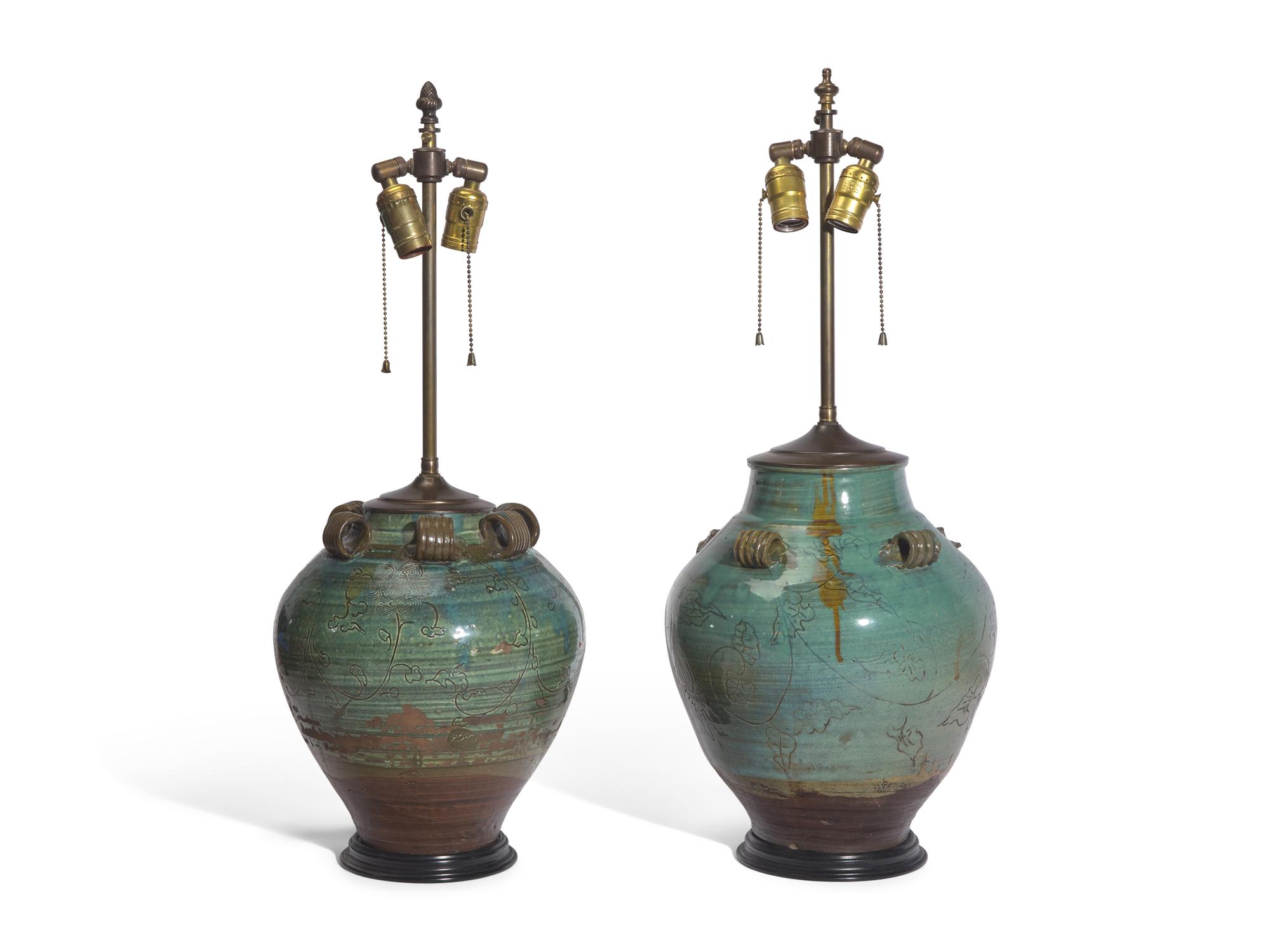 An Associated Pair of Pale Blue-Green Glazed Stoneware Jars, Now Mounted as Lamps