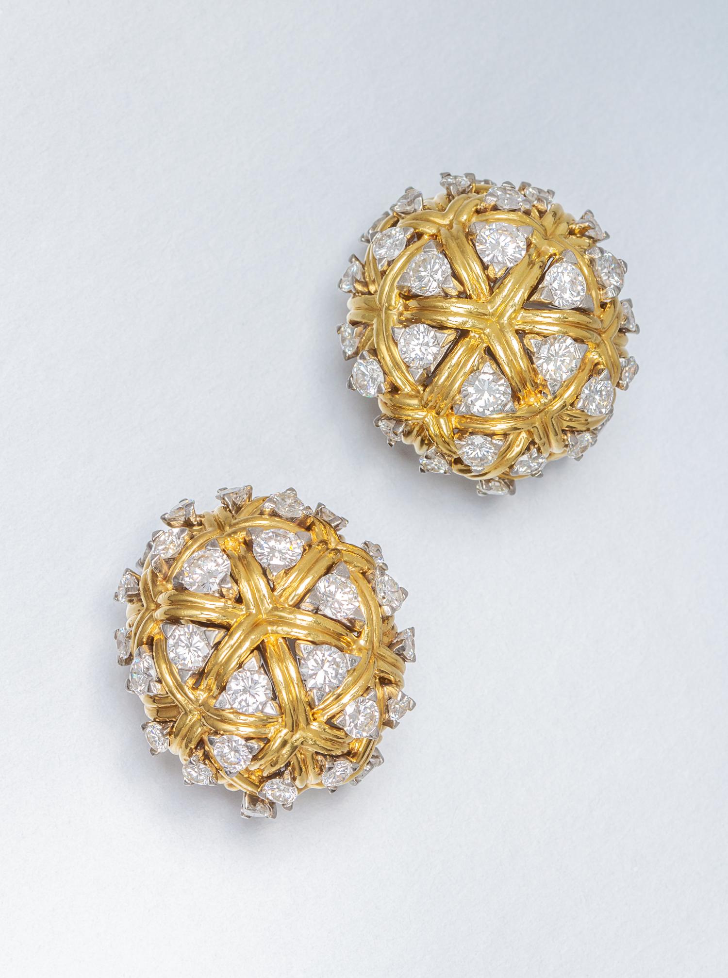 A Pair of 18 Karat Bicolor Gold and Diamond Domed Earclips, Tiffany & Co., 23.45 dwts.