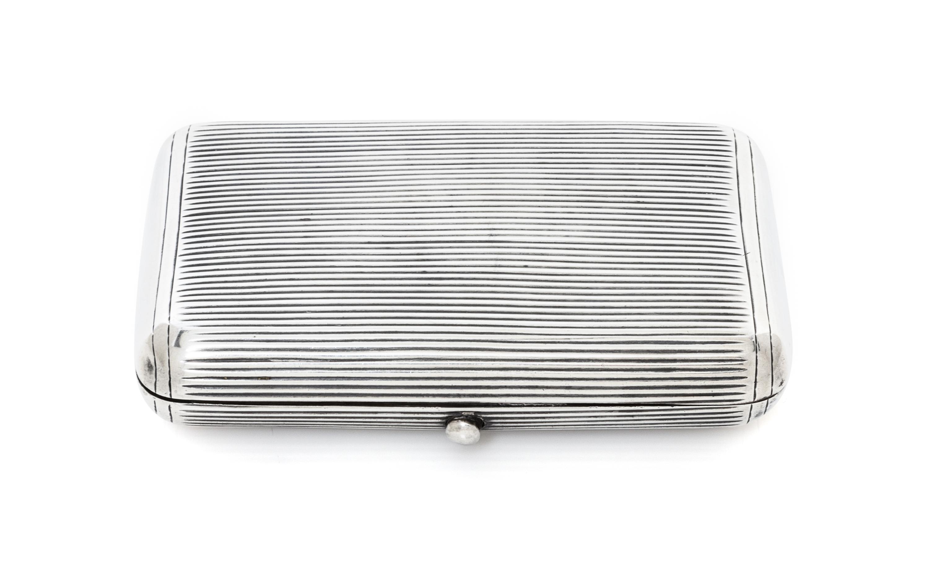 A Russian Silver Cigarette Case, Maker's mark AE, assay mark of Lev Oleks, Moscow, 1896, the lid and underside with reeded decoration.