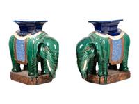 A Pair of Chinese Polychrome Glazed Porcelain Elephant Stands