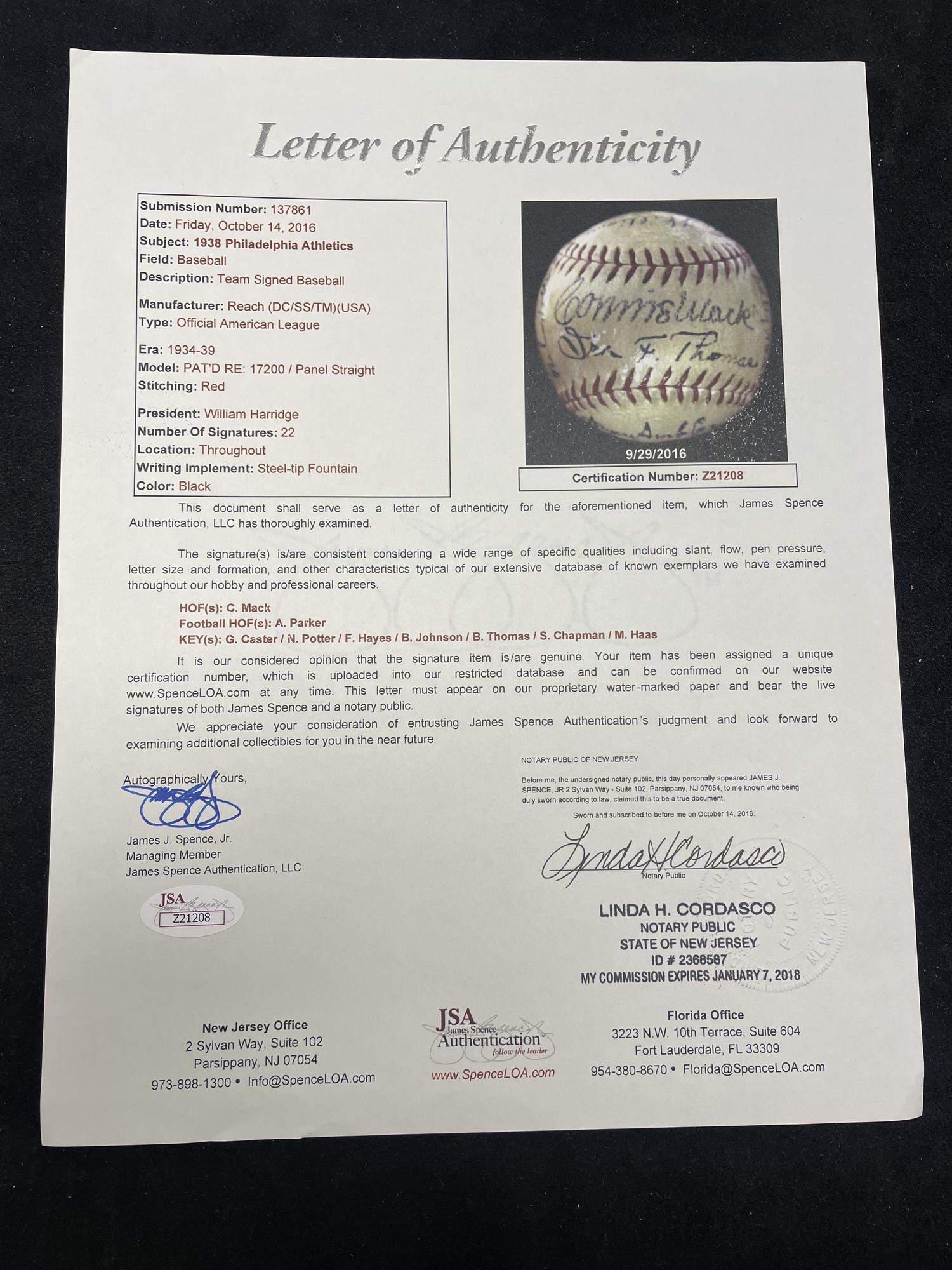 A 1938 Philadelphia Athletics Team Signed Autograph Baseball Featuring Connie Mack (JSA Letter of Authenticity)