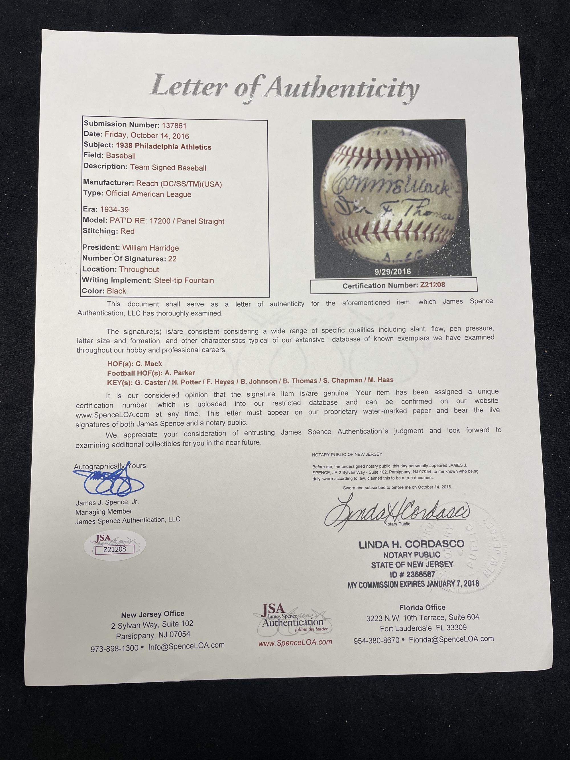 A 1938 Philadelphia Athletics Team Signed Autograph Baseball Featuring Connie Mack (JSA Letter of Authenticity)