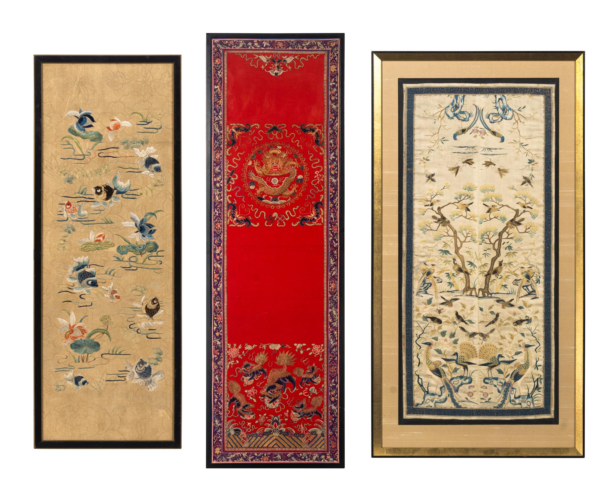 Three Chinese Embroidered Silk Panels