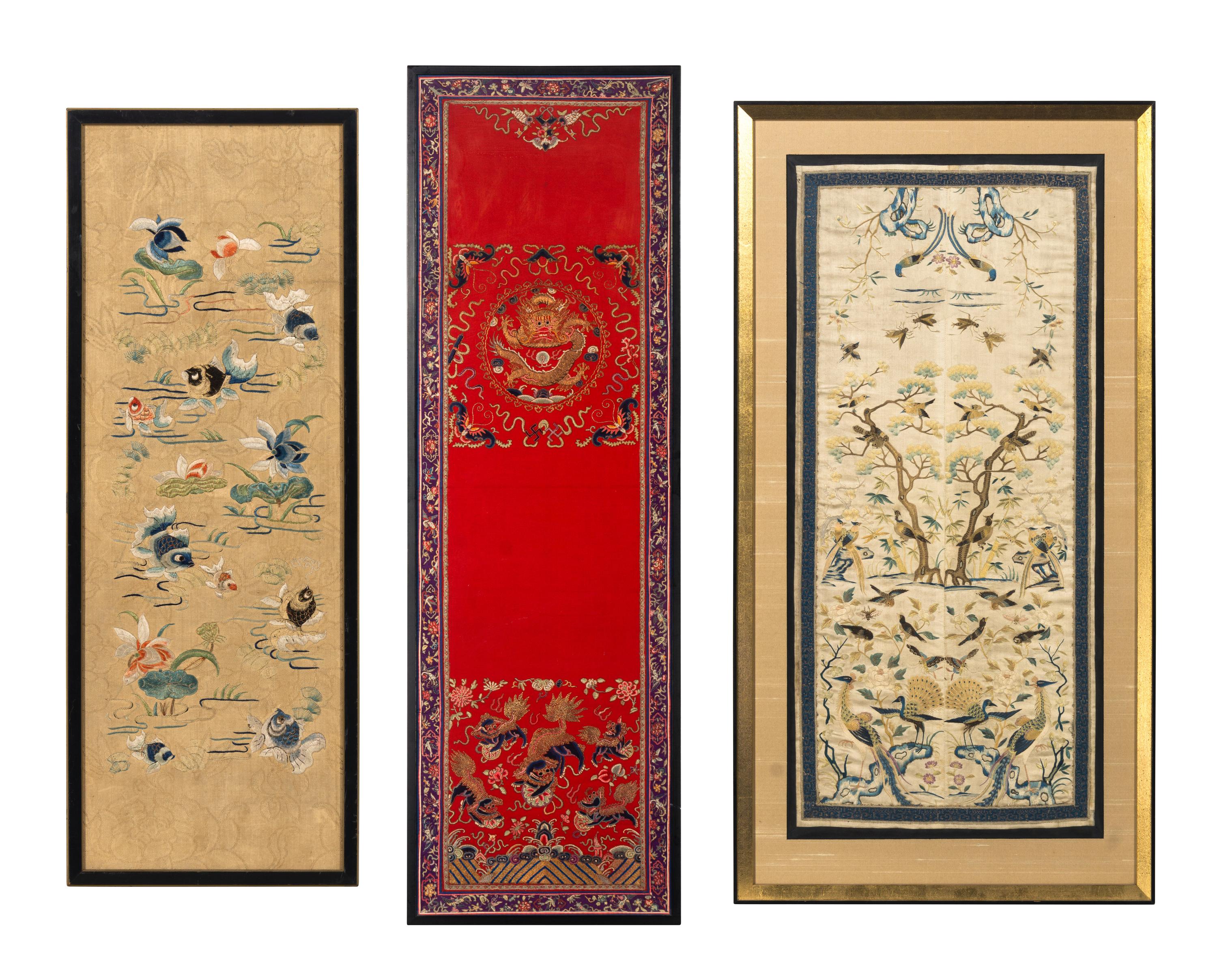 Three Chinese Embroidered Silk Panels