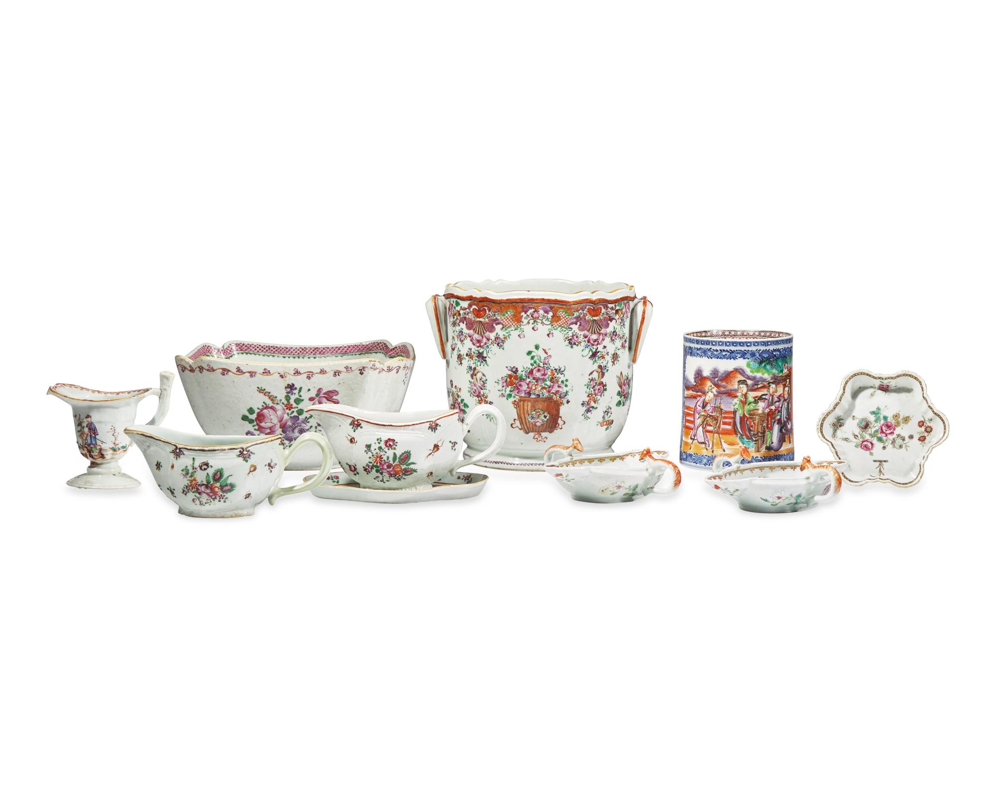 A Group Of Ten Chinese Export Porcelain Famille Rose And Rose Mandarin Tablewares