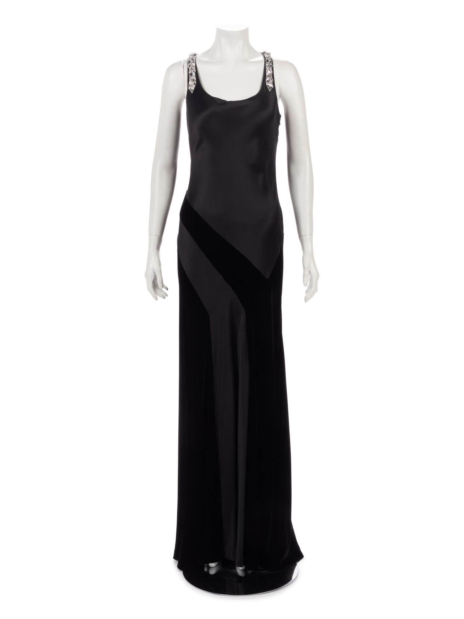 Oscar de la Renta Satin and Velvet Evening Dress with Rhinestone Straps