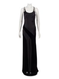 Oscar de la Renta Satin and Velvet Evening Dress with Rhinestone Straps