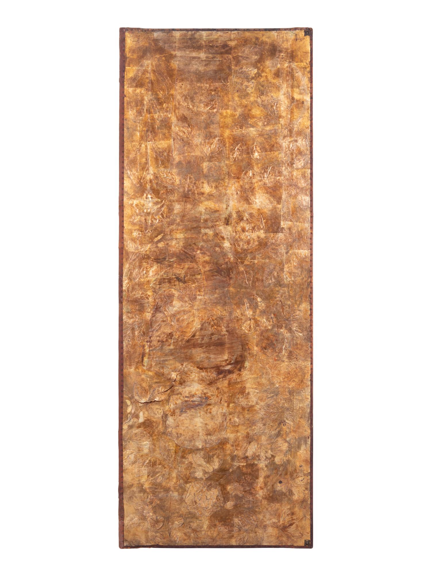 A Silver and Gilt Decorated Leather Four-Panel Screen