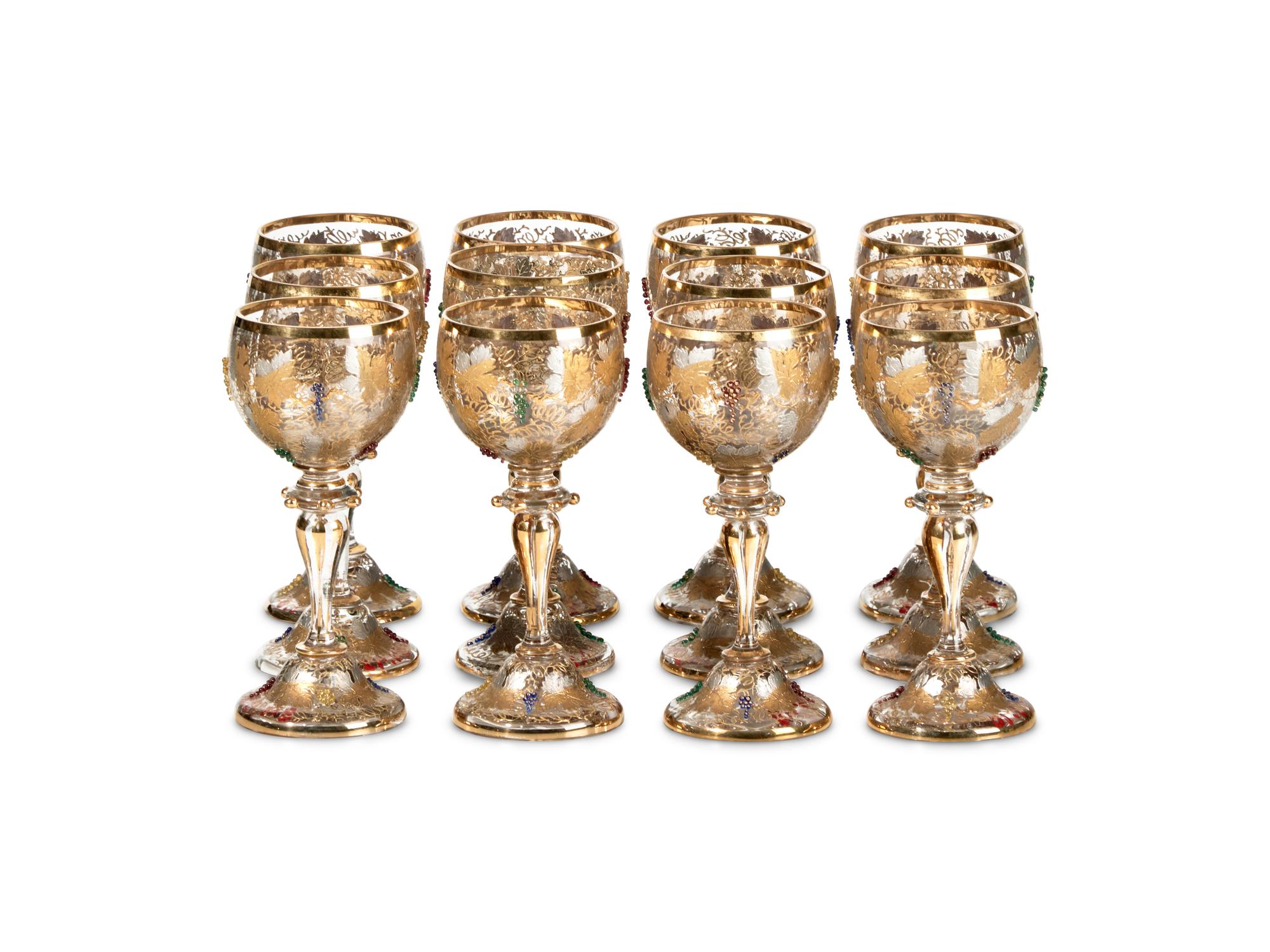 A Set of Twelve Bohemian Hand-Decorated Enameled and Gilt Wine Glasses