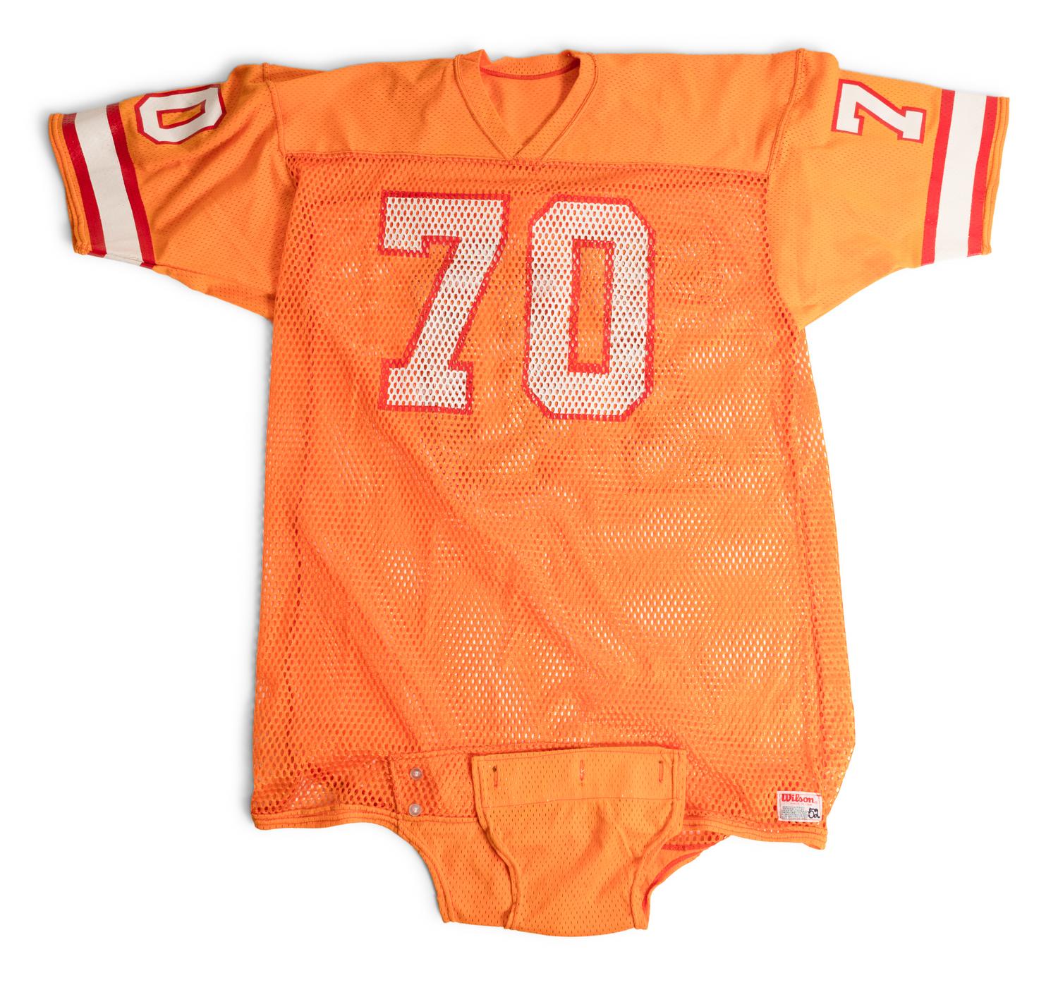 A Vintage 1970-80s Tampa Bay Buccaneers Game Issued "Creamsicle" Football Jersey and Group of Signed Autograph Items,