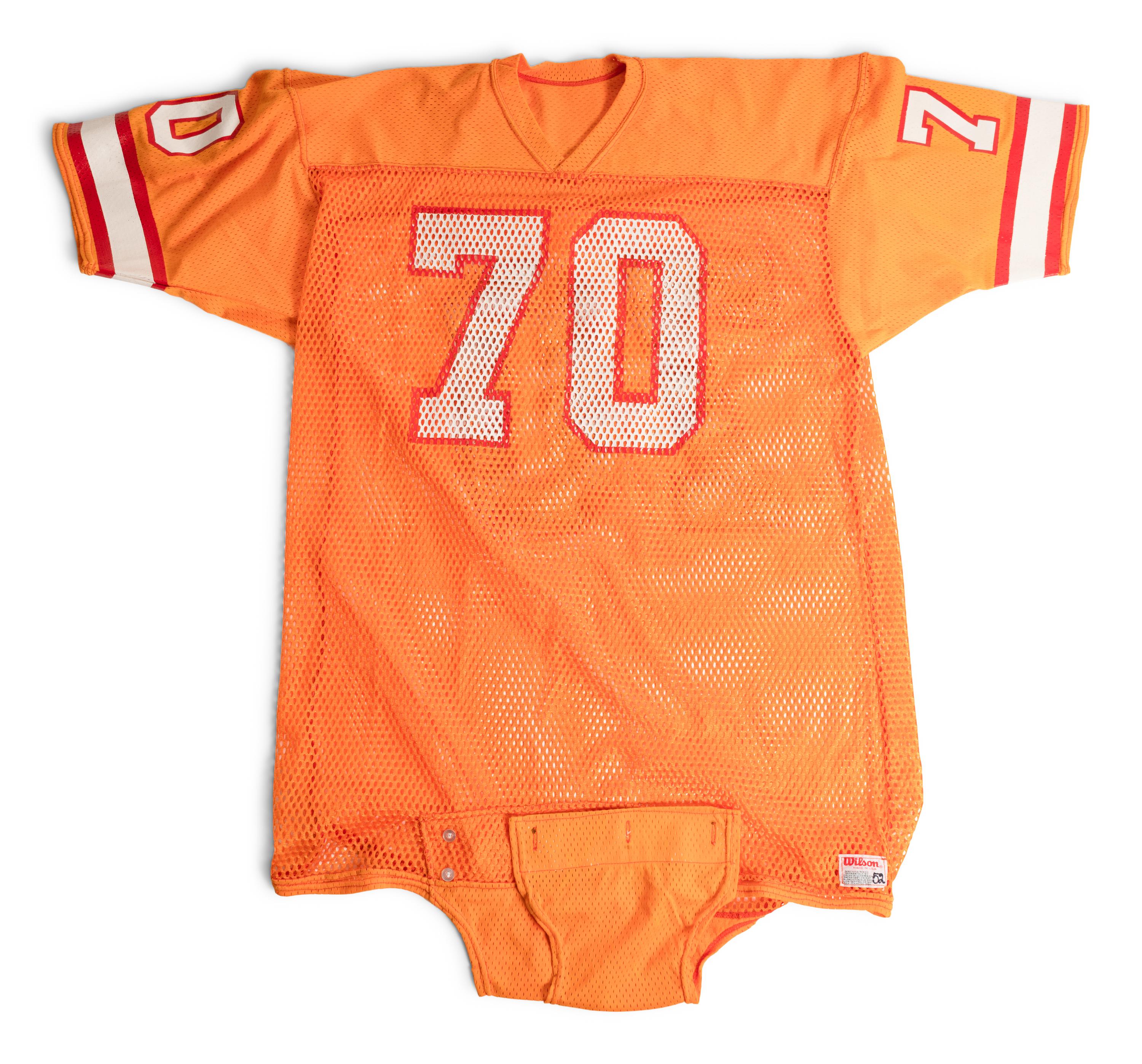 A Vintage 1970-80s Tampa Bay Buccaneers Game Issued "Creamsicle" Football Jersey and Group of Signed Autograph Items,