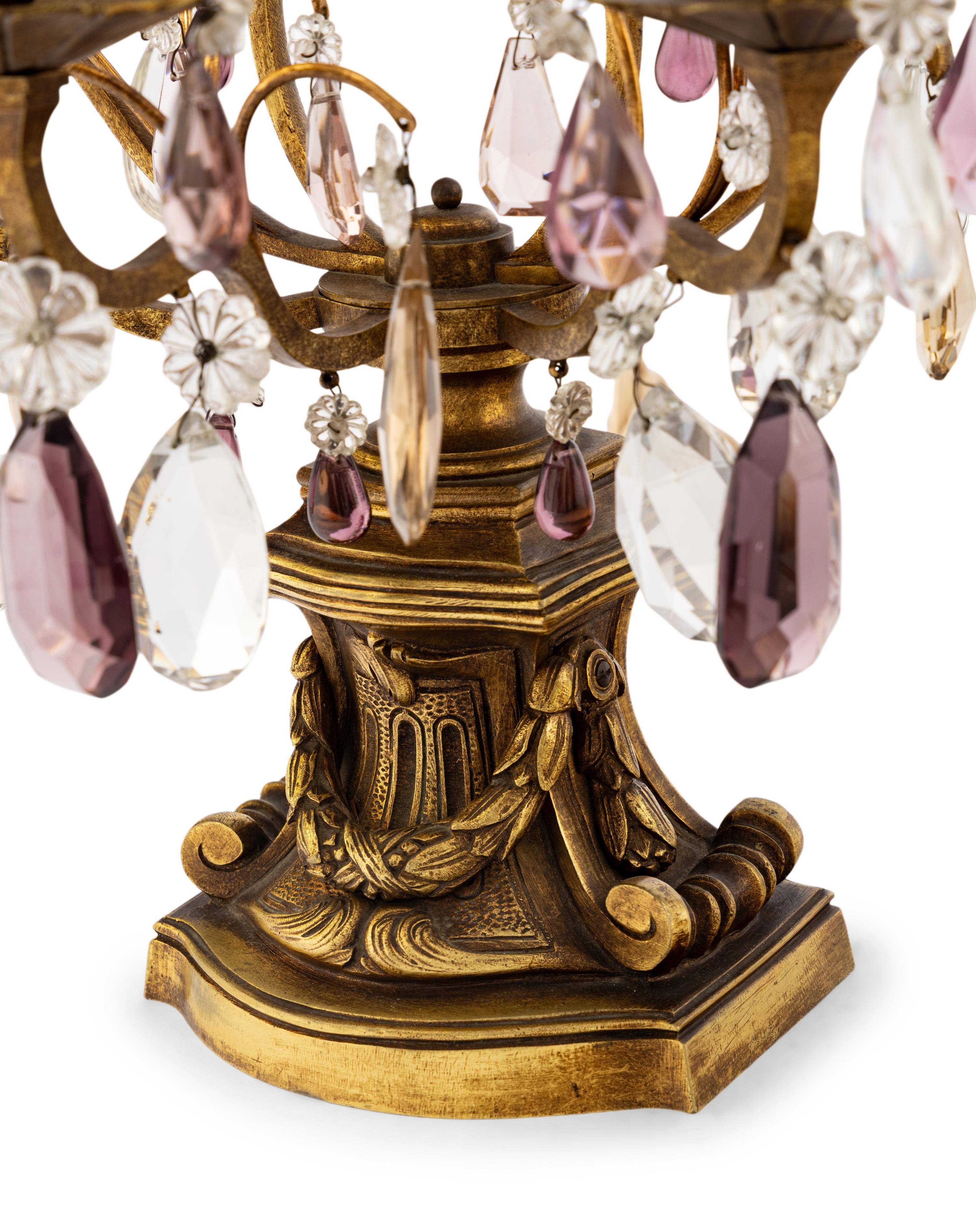 A Pair of French Gilt Metal and Cut Glass Three-Light Girandoles