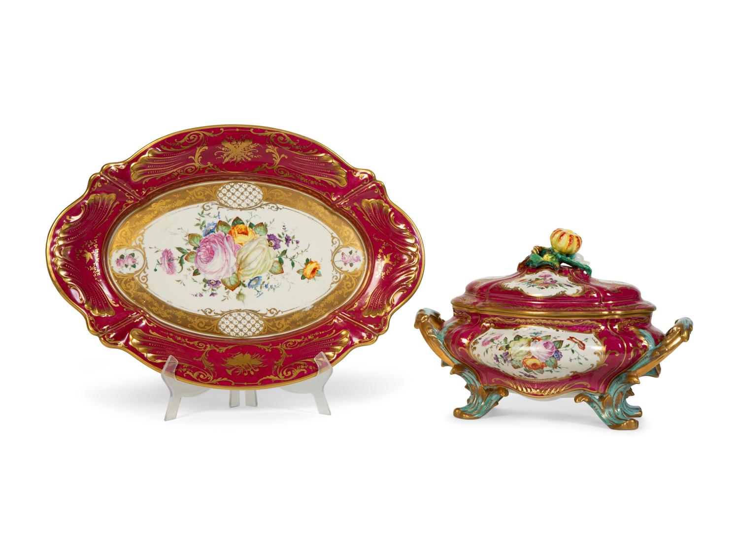 A Camille Le Tallec Hand Painted Porcelain Tureen and Platter — 19th Century