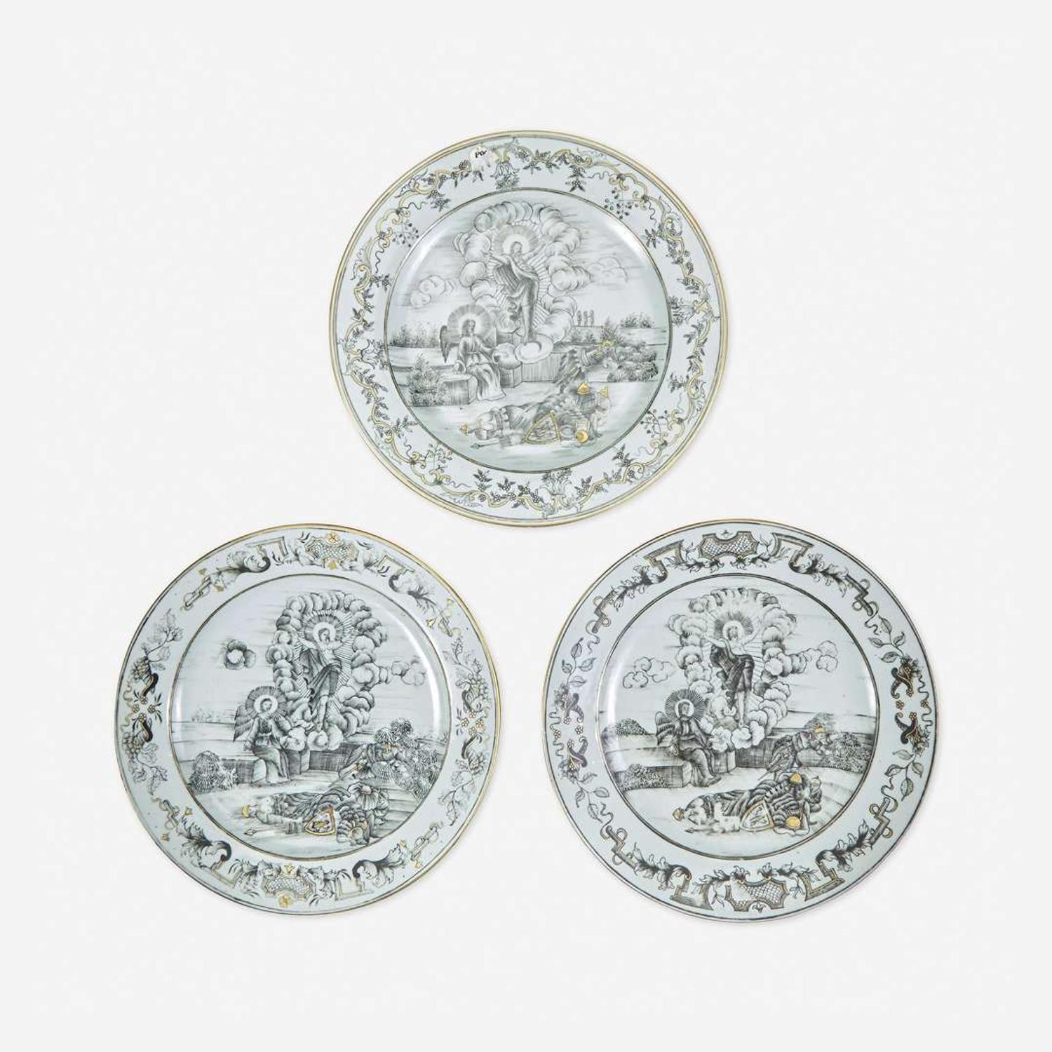 Three Chinese Export Porcelain Grisaille and Gilt Decorated Plates mid 18th century