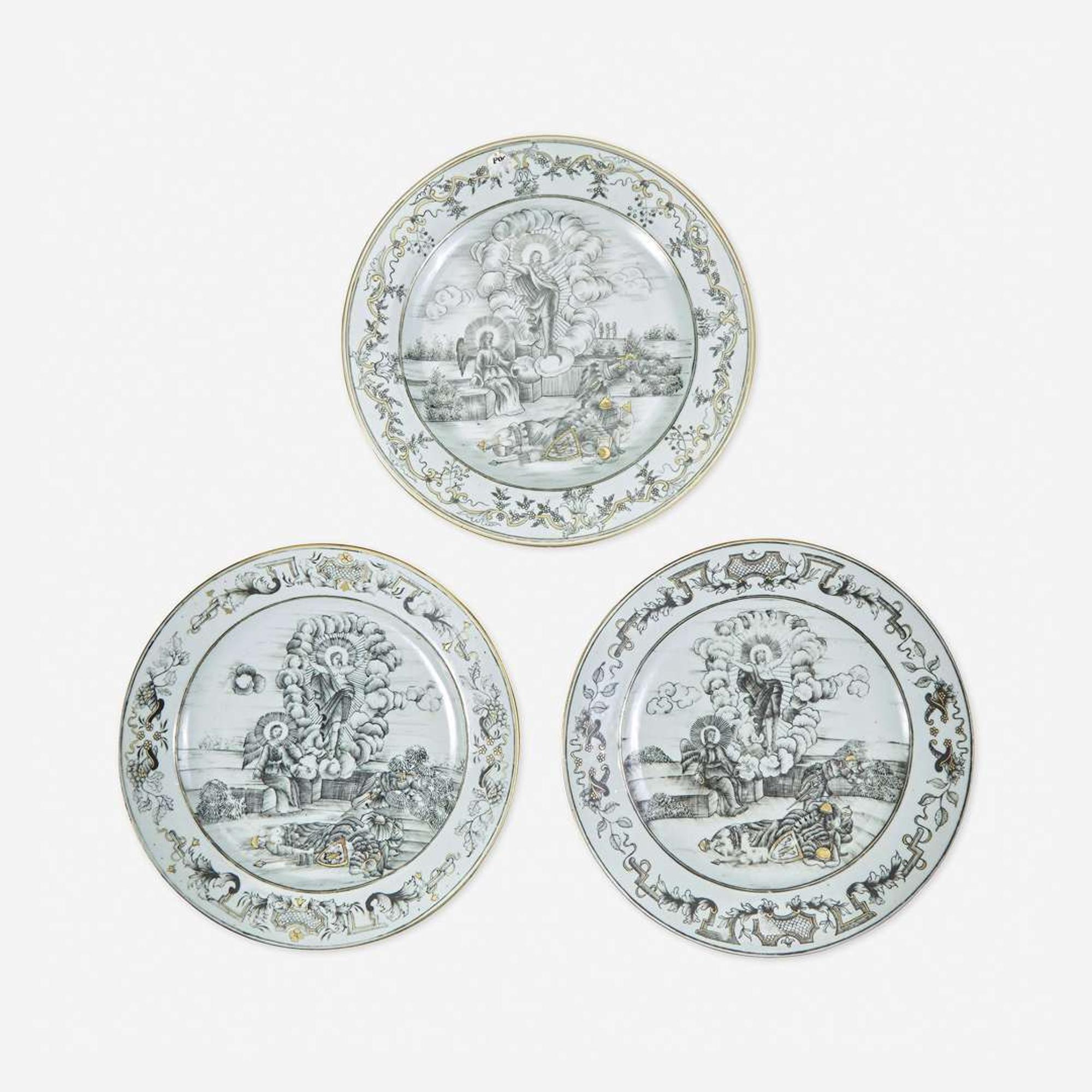 Three Chinese Export Porcelain Grisaille and Gilt Decorated Plates mid 18th century