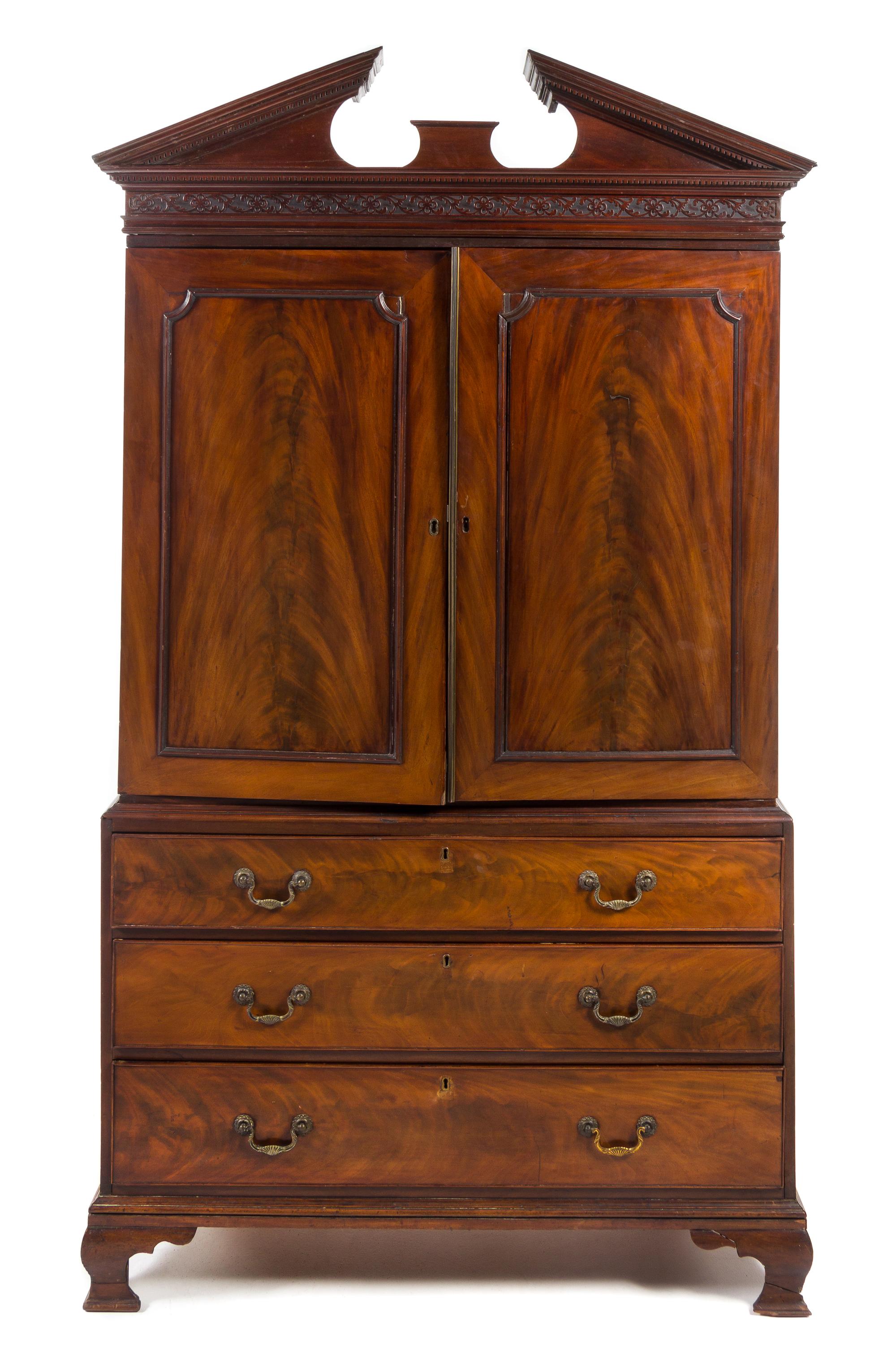 A George III Mahogany Linen Press Height 81 x width 47 x depth 23 1/4 inches. — 18TH/19TH CENTURY