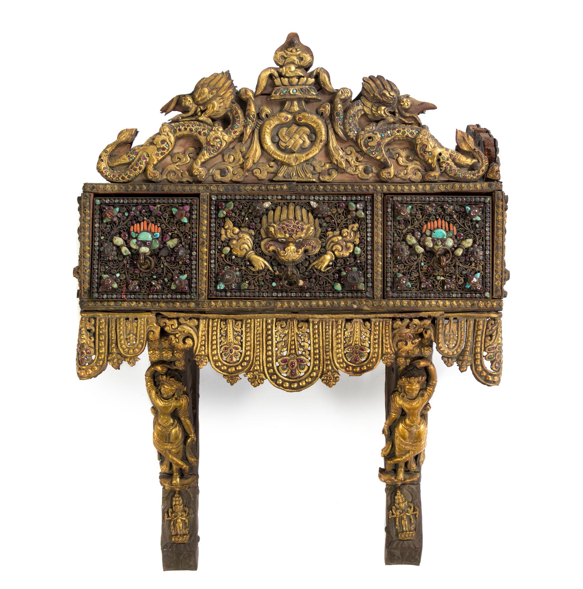 A Nepalese Turquoise, Coral, Mother-of-Pearl and Hardstone Inset Gilt Copper Altar Cabinet 19TH/20TH CENTURY — 19TH/20TH CENTURY