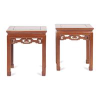 A Pair of Chinese Huanghuali Square Stools, Fangdeng, Qing Dynasty 清 黃花梨有束腰透雕拐子龙纹方凳一對