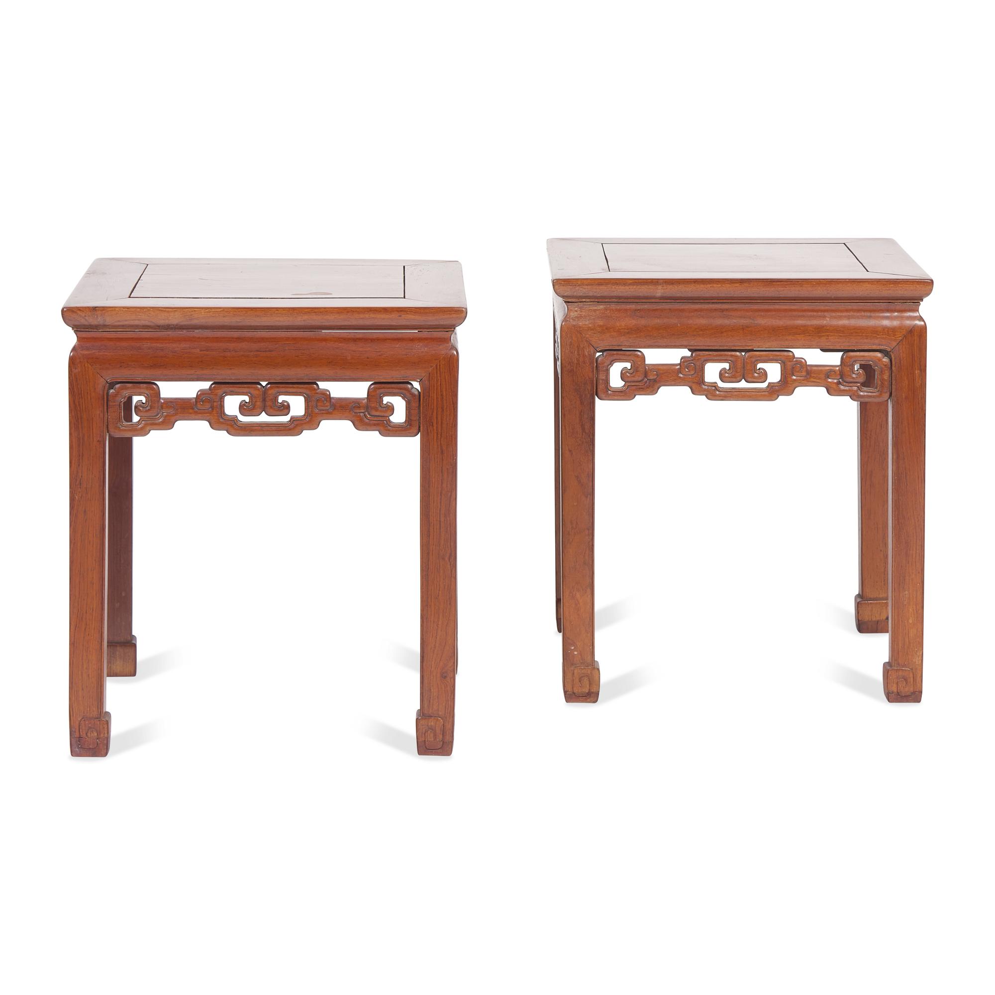 A Pair of Chinese Huanghuali Square Stools, Fangdeng, Qing Dynasty 清 黃花梨有束腰透雕拐子龙纹方凳一對