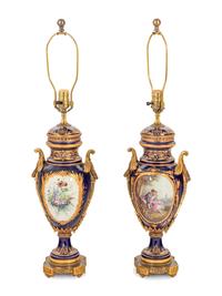A Pair of Gilt Bronze-Mounted Sèvres Style Porcelain Vases Converted to Lamps