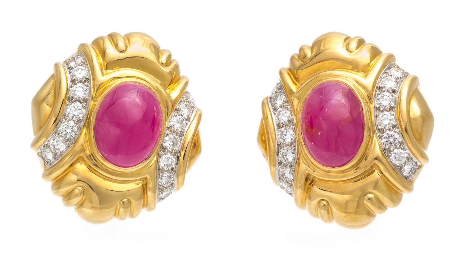 A Pair Of 18 Karat Yellow Gold, Platinum, Diamond, and Ruby Earclips, Chaavae, 20.30 dwts.