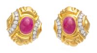 A Pair Of 18 Karat Yellow Gold, Platinum, Diamond, and Ruby Earclips, Chaavae, 20.30 dwts.