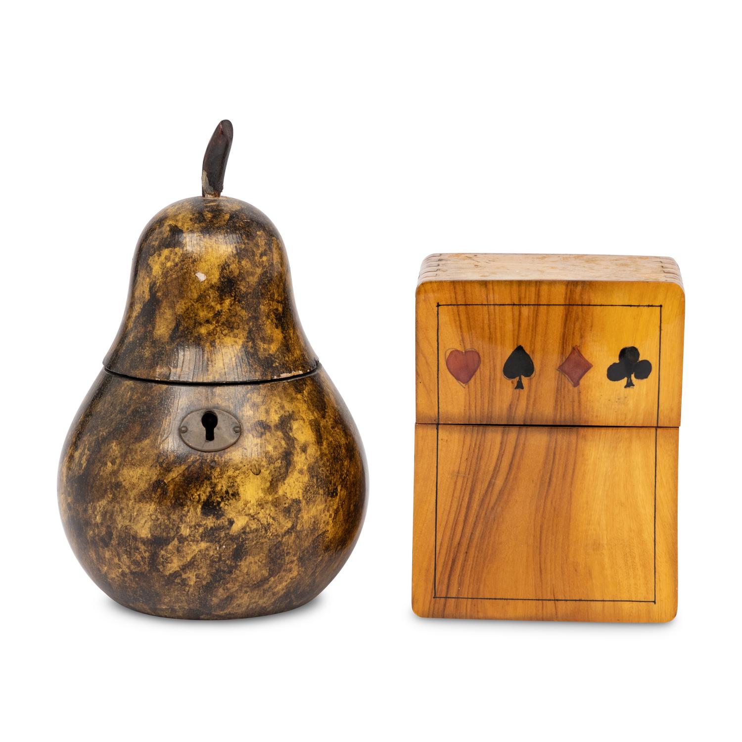 A Painted Pear Form Tea Caddy and A Wooden Playing Card Box