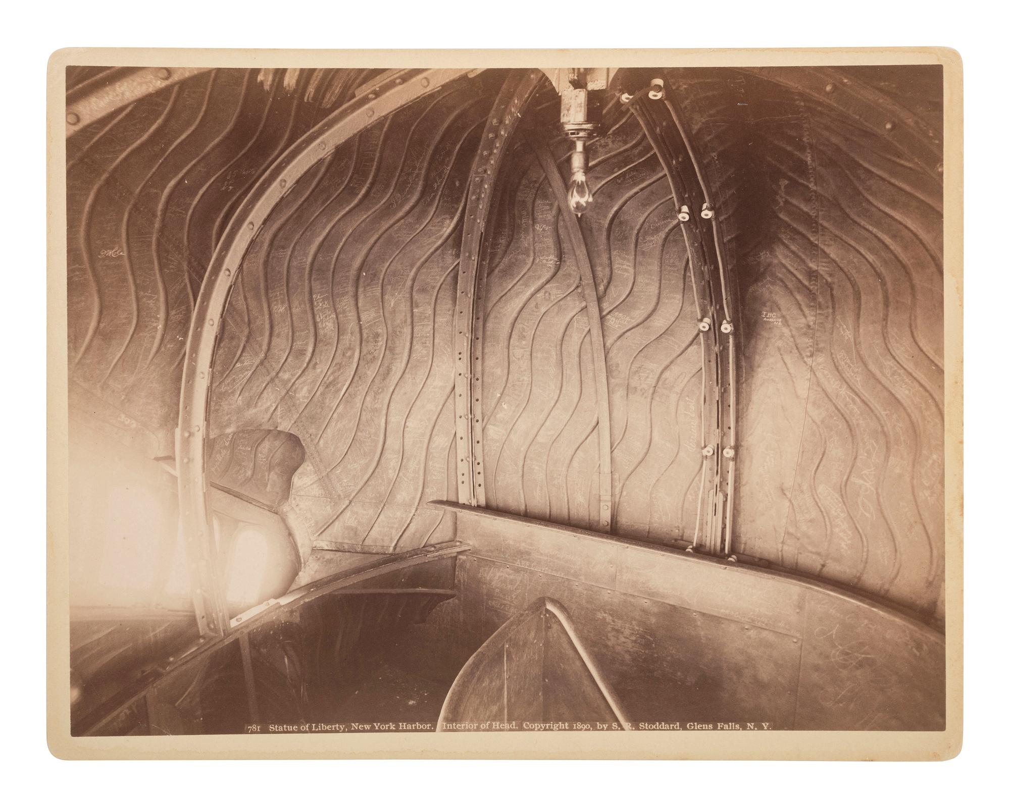 New York -- Statue of Liberty A pair of images related to the Statue of Liberty including an interior view of the head by Seneca Ray Stoddard (1844-1917).