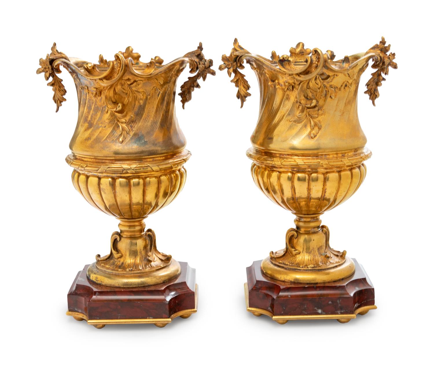 A Pair of Continental Gilt Metal and Marble Urns
