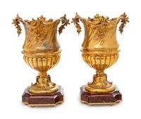 A Pair of Continental Gilt Metal and Marble Urns