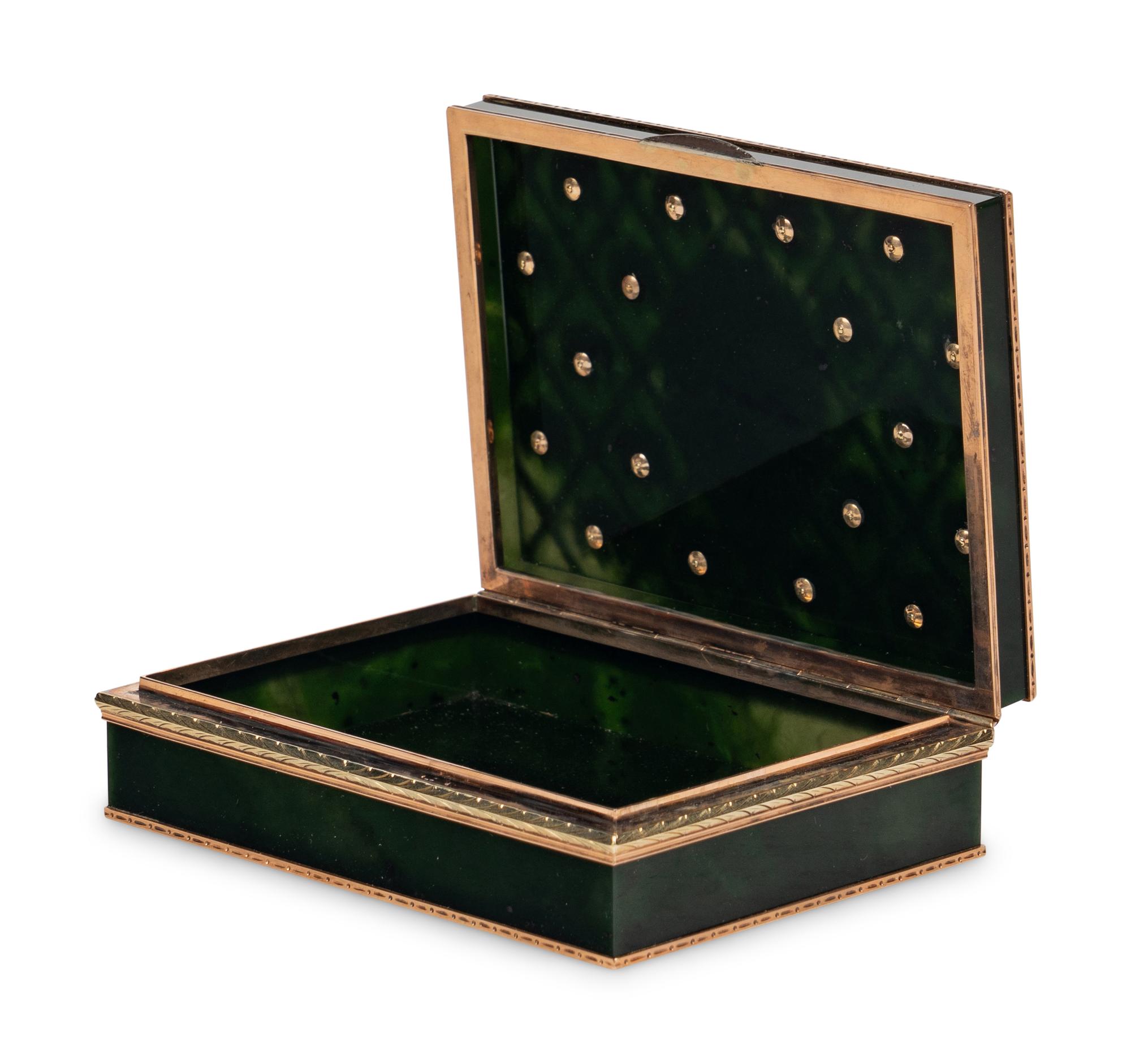 A 14 Karat Gold, Diamond and Guilloché Enamel Inset Hardstone Snuff Box