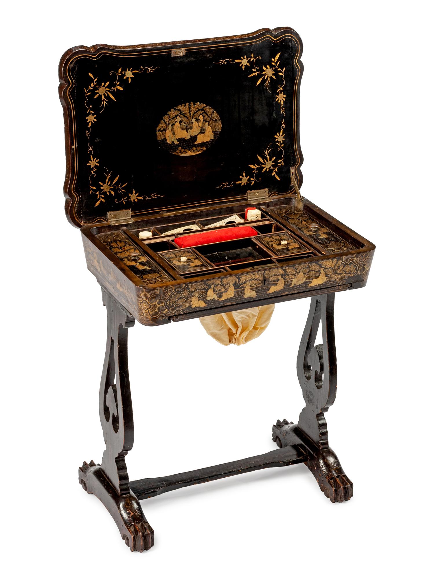 A Chinese Export Gilt-Decorated Black Lacquer Sewing Table