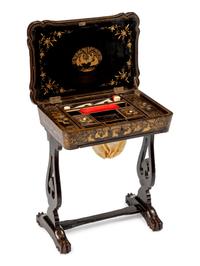 A Chinese Export Gilt-Decorated Black Lacquer Sewing Table