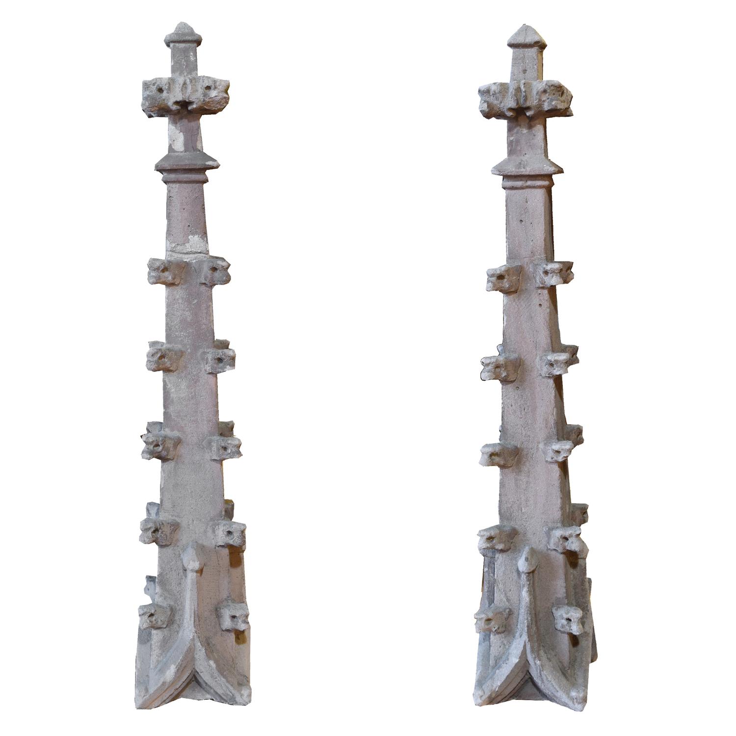 A Pair of Carved Stone Crocketed Finials 5" W x 5" D x 30" H — Germany, 19th Century